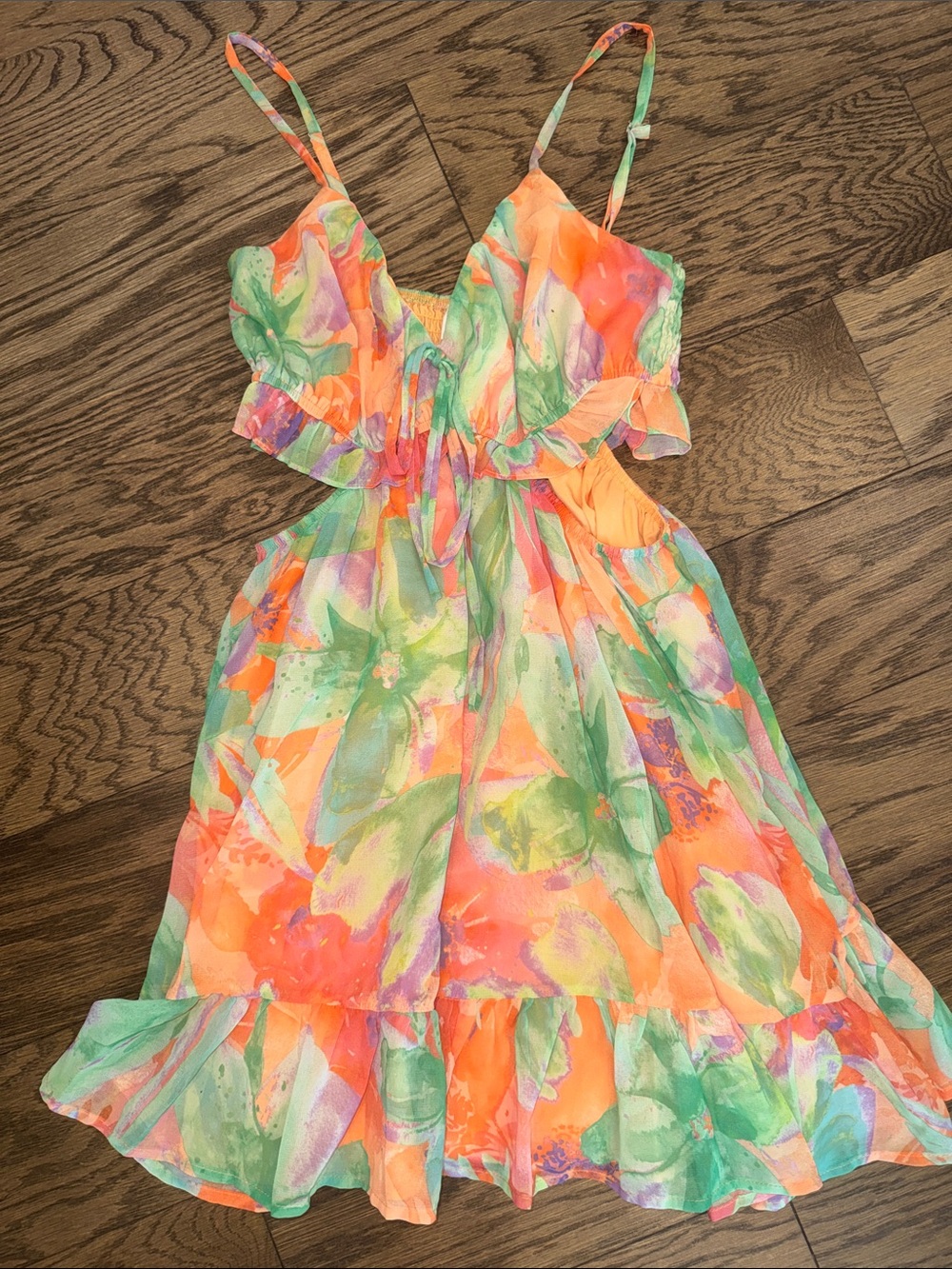 Floral Tie-Front Summer Dress in Neon Coral & Mint